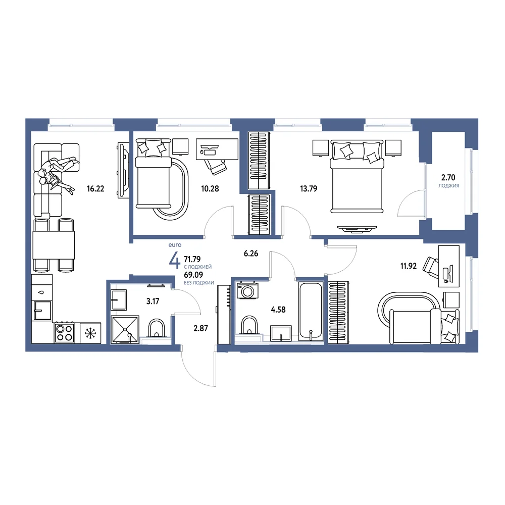 Планировка: Сердце Сибири 4-комнатная 71,79м²