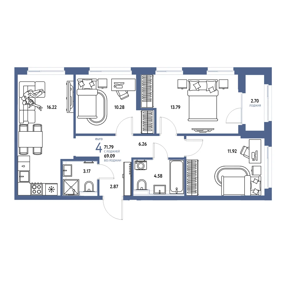 Планировка: Сердце Сибири 4-комнатная 71,79м²