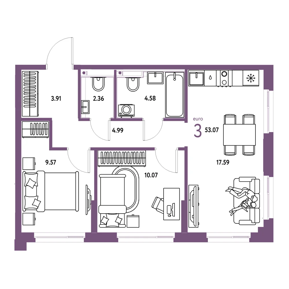 Планировка: Сердце Сибири 3-комнатная 53,07м²