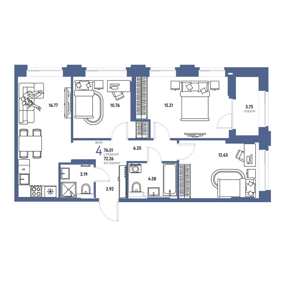 Планировка: Сердце Сибири 4-комнатная 76,01м²