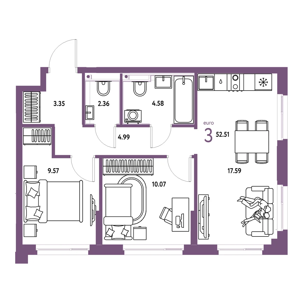 Планировка: Сердце Сибири 3-комнатная 52,51м²