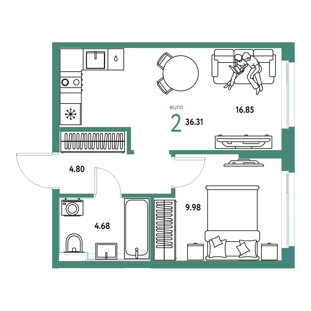 Планировка: Сердце Сибири 2-комнатная 36,31м²