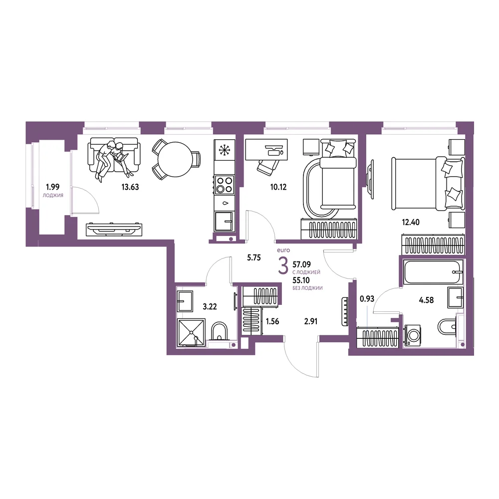 Планировка: Сердце Сибири 3-комнатная 57,09м²