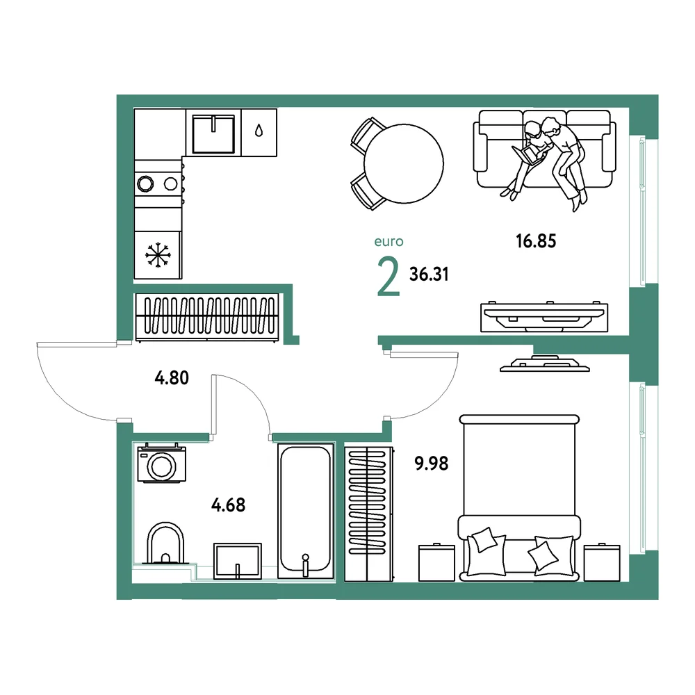 Планировка: Сердце Сибири 2-комнатная 36,31м²