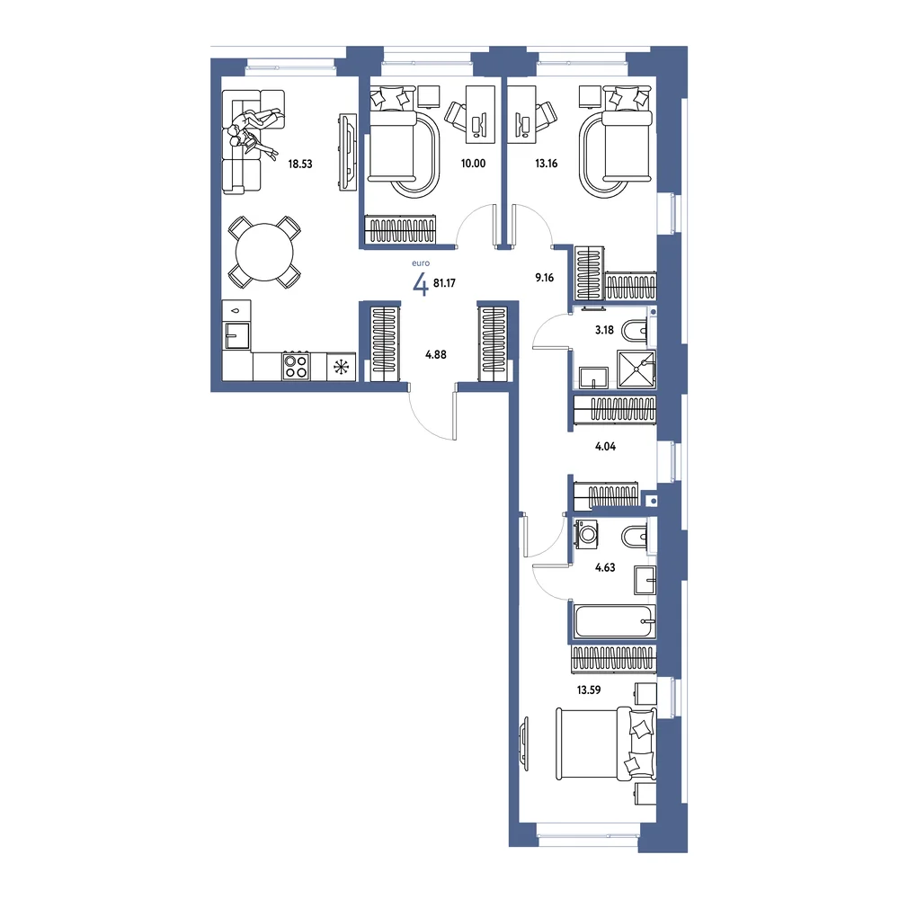 Планировка: Сердце Сибири 4-комнатная 81,17м²