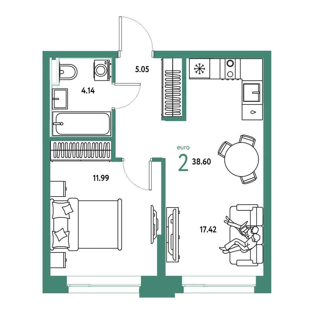 Планировка: Сердце Сибири 2-комнатная 38,60м²