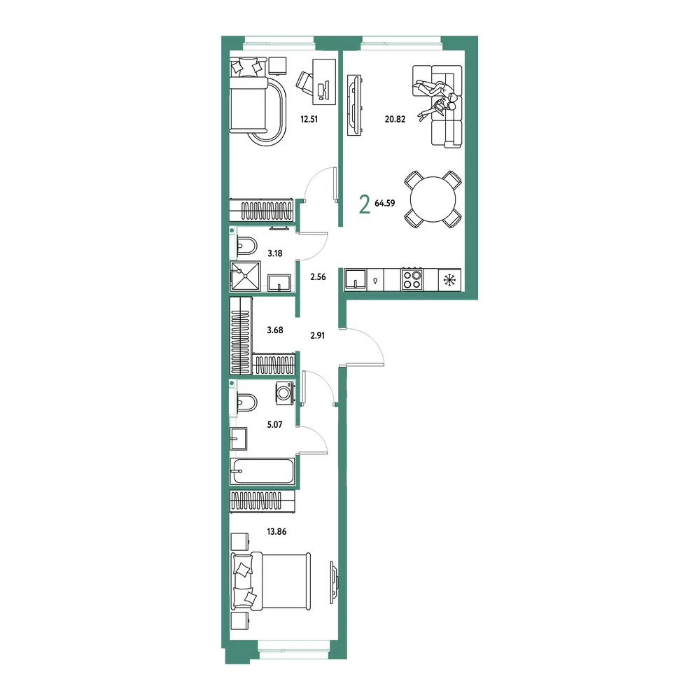 Планировка: Сердце Сибири 2-комнатная 64,59м²