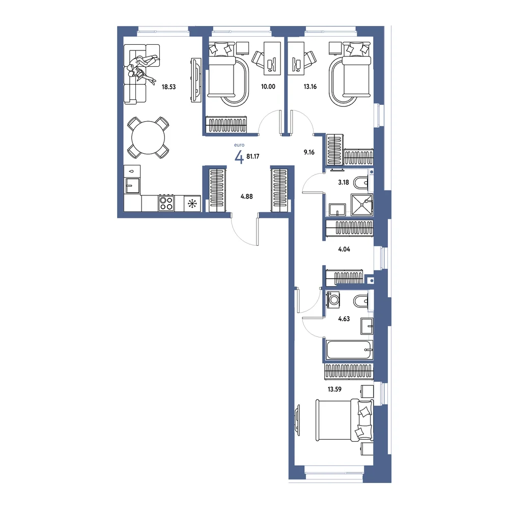 Планировка: Сердце Сибири 4-комнатная 81,17м²