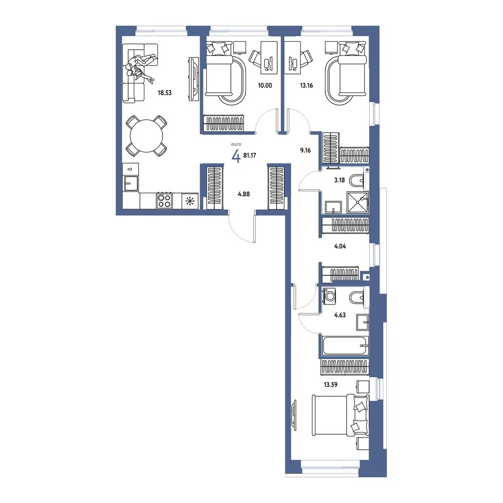 Планировка: Сердце Сибири 4-комнатная 81,17м²