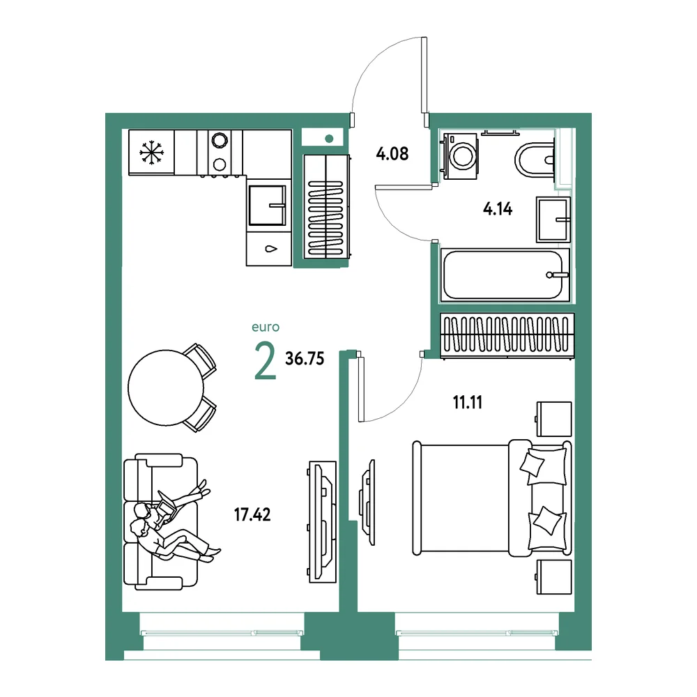 Планировка: Сердце Сибири 2-комнатная 36,75м²
