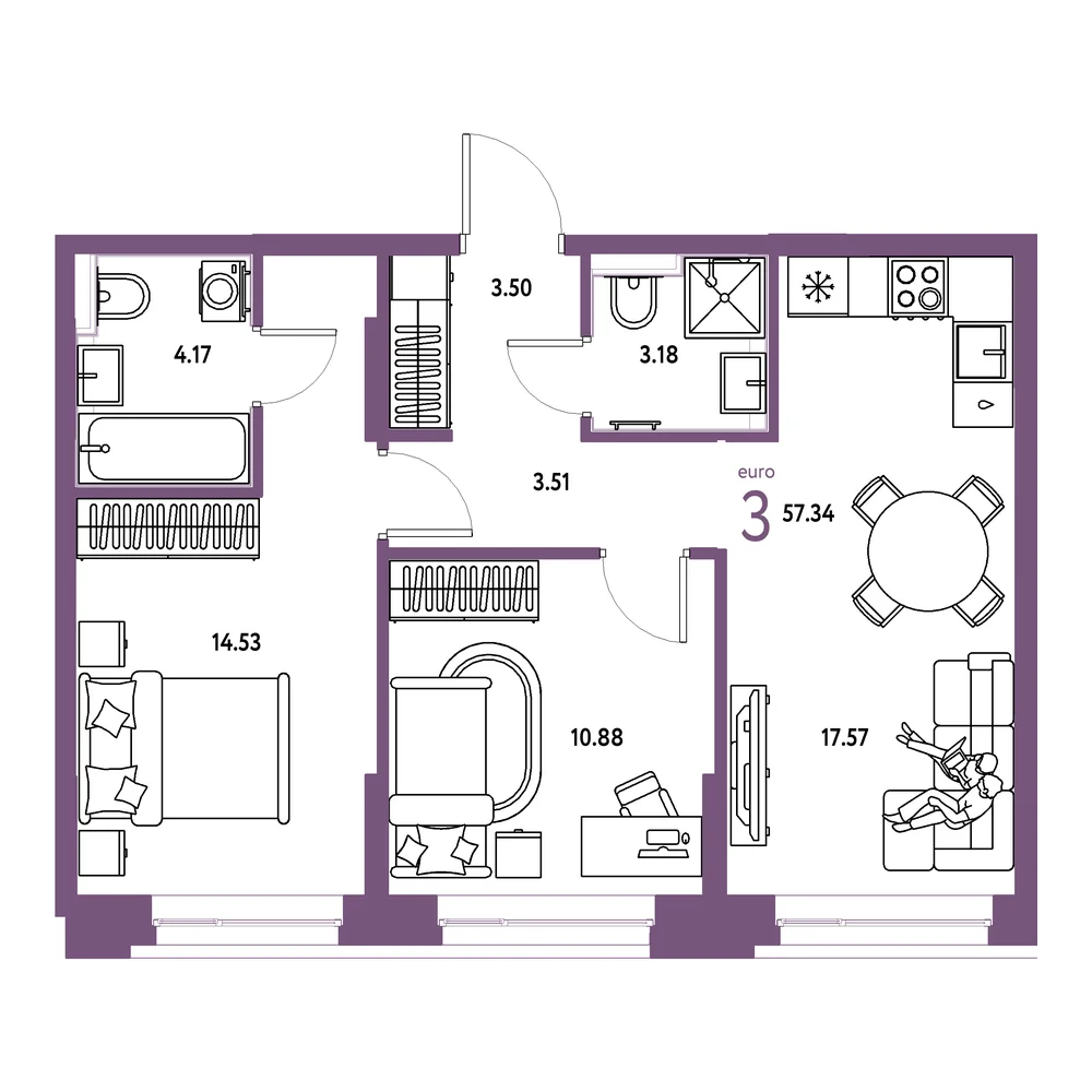 Планировка: Сердце Сибири 3-комнатная 57,34м²