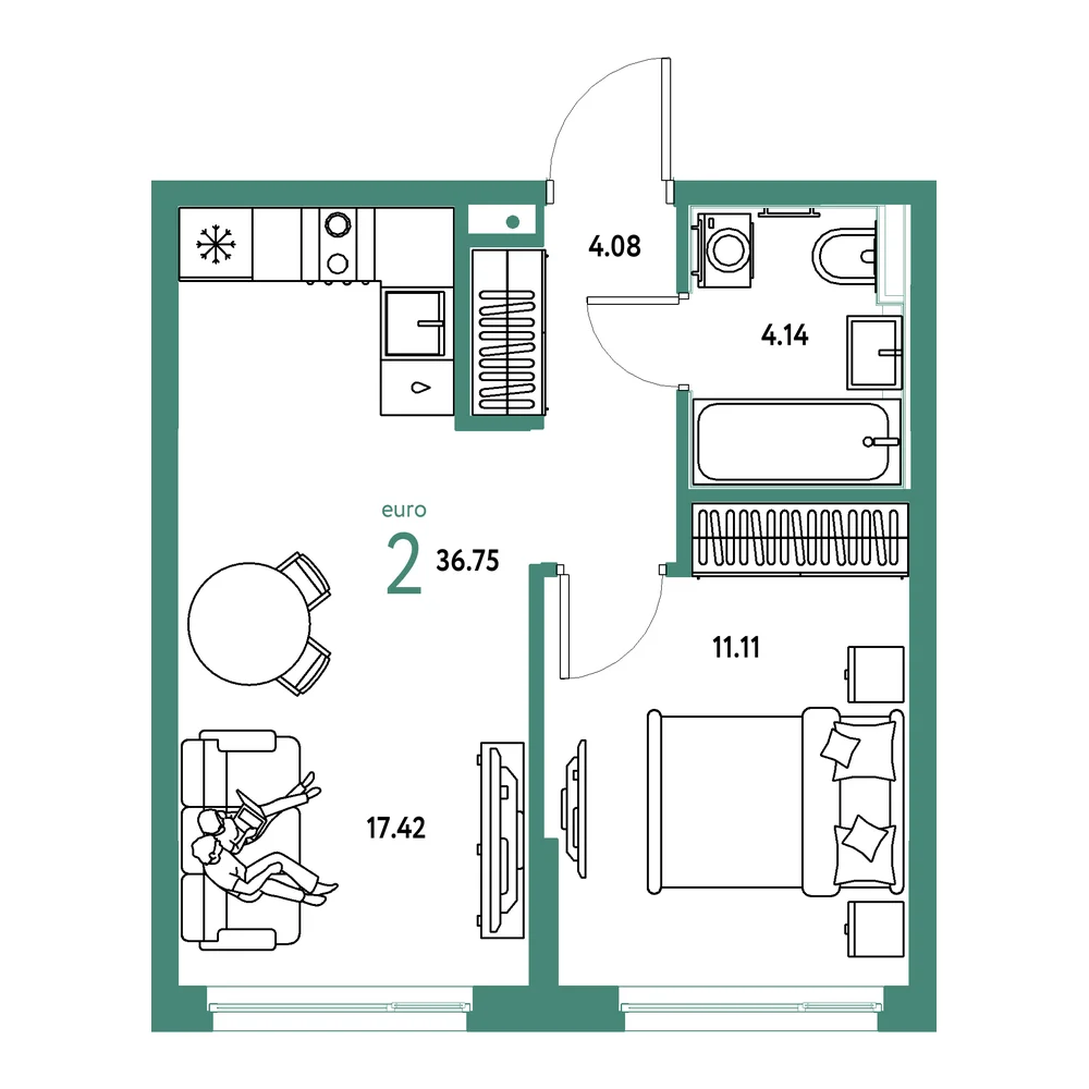Планировка: Сердце Сибири 2-комнатная 36,75м²
