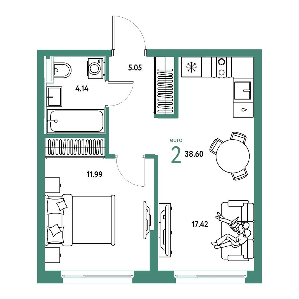 Планировка: Сердце Сибири 2-комнатная 38,60м²