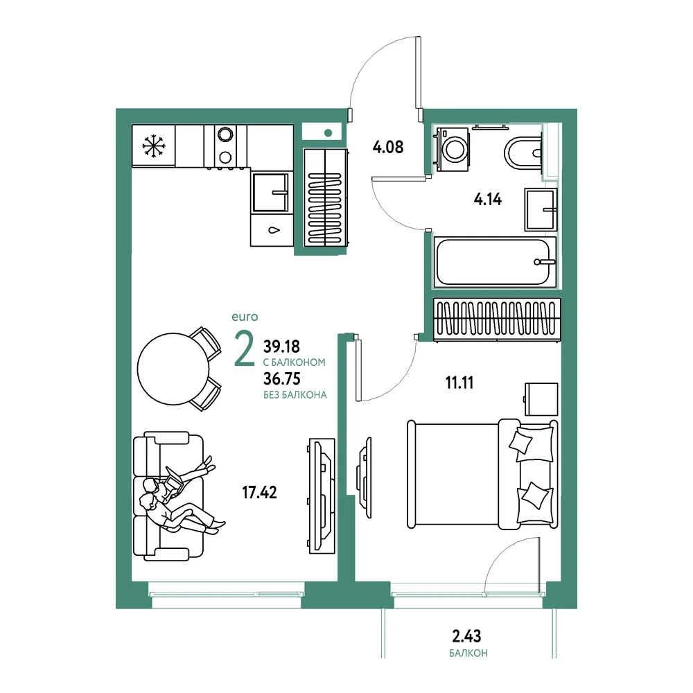 Планировка: Сердце Сибири 2-комнатная 39,18м²