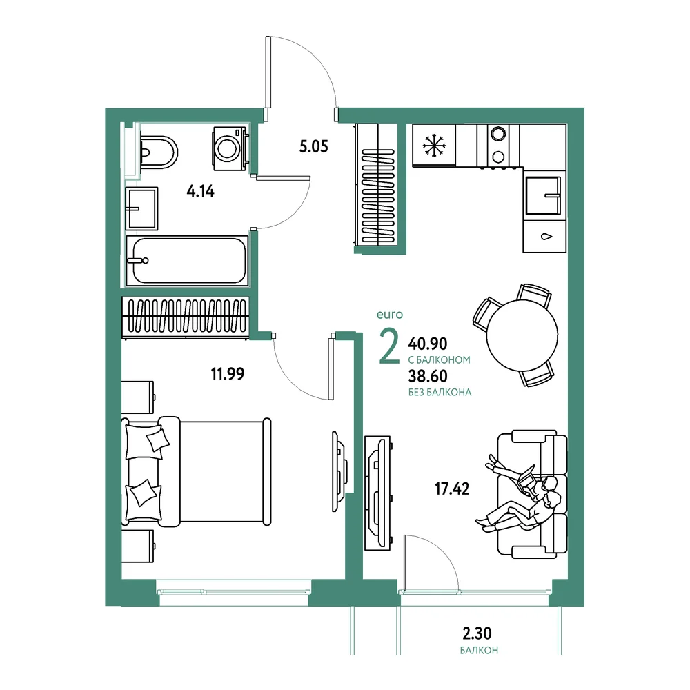 Планировка: Сердце Сибири 2-комнатная 40,90м²