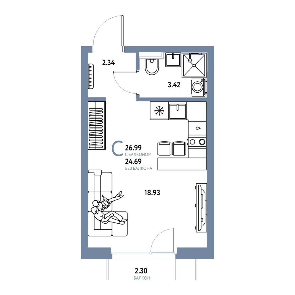 Планировка: Сердце Сибири Студия 26,99м²