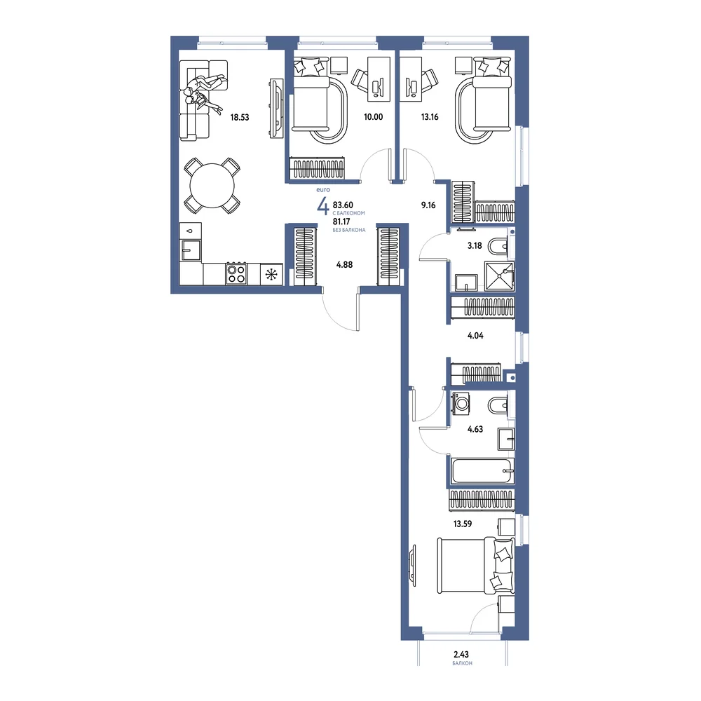 Планировка: Сердце Сибири 4-комнатная 83,60м²