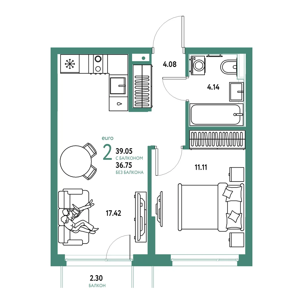 Планировка: Сердце Сибири 2-комнатная 39,05м²