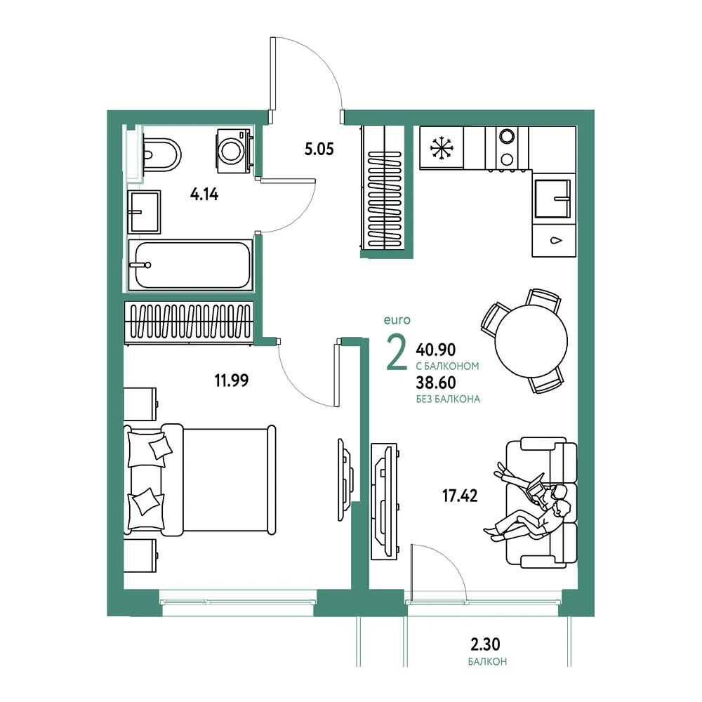 Планировка: Сердце Сибири 2-комнатная 40,90м²