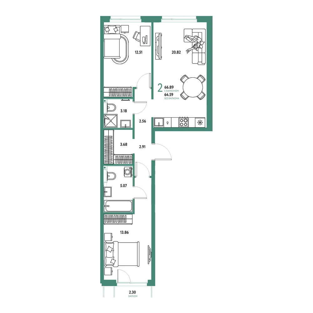 Планировка: Сердце Сибири 2-комнатная 66,89м²