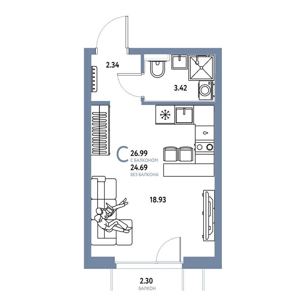Планировка: Сердце Сибири Студия 26,99м²