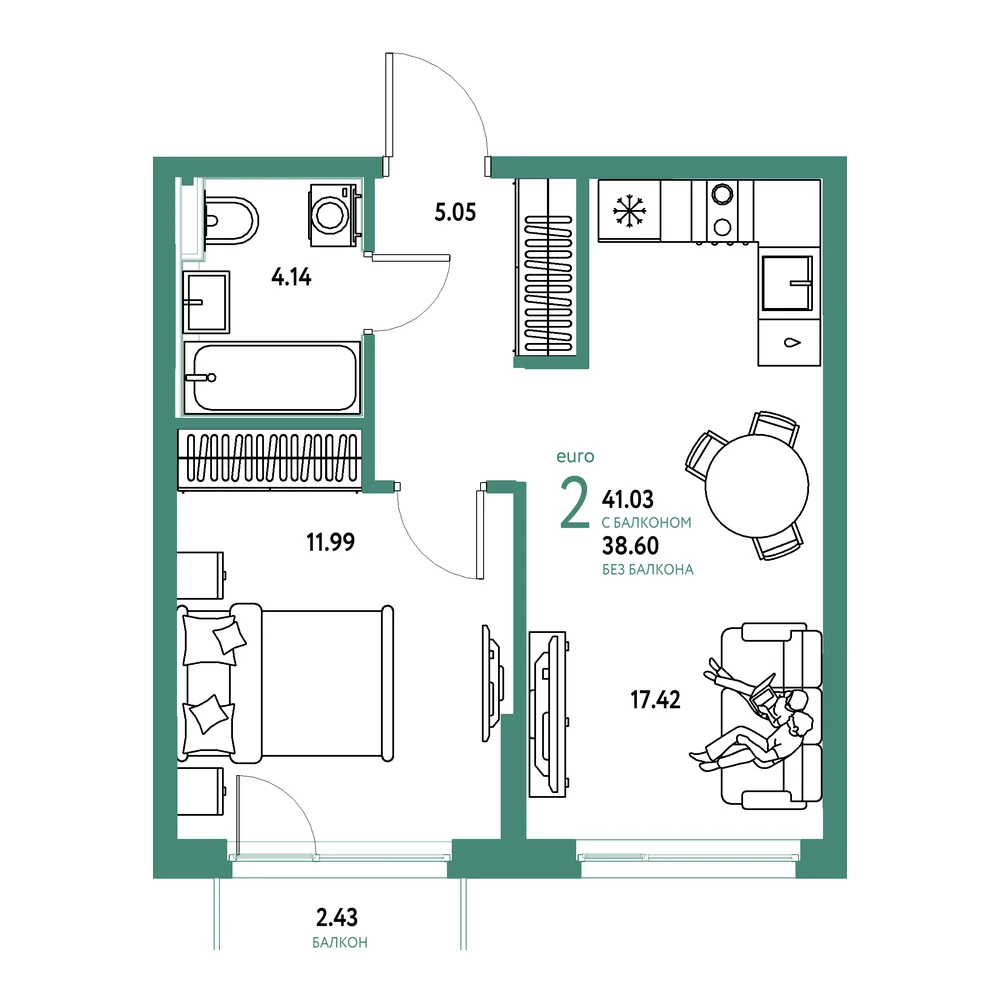 Планировка: Сердце Сибири 2-комнатная 41,03м²