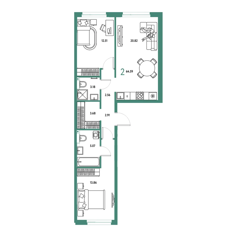 Планировка: Сердце Сибири 2-комнатная 64,59м²
