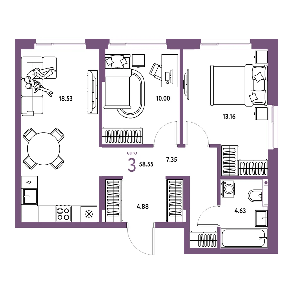 Планировка: Сердце Сибири 3-комнатная 58,55м²