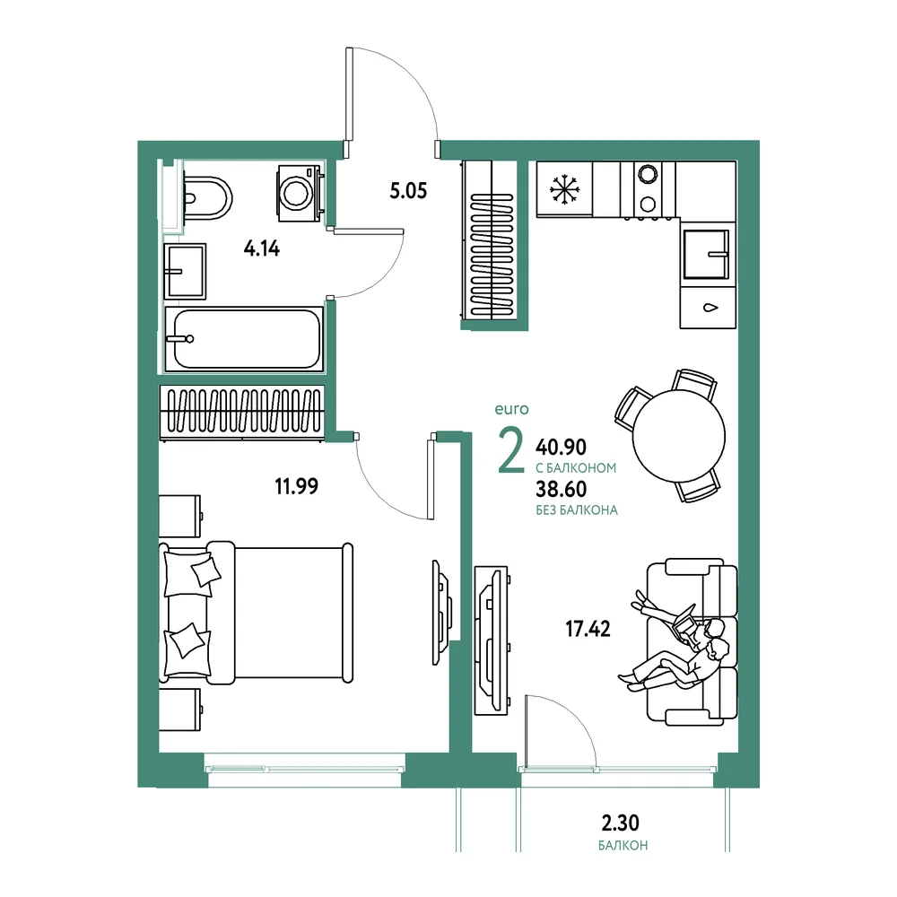 Планировка: Сердце Сибири 2-комнатная 40,90м²