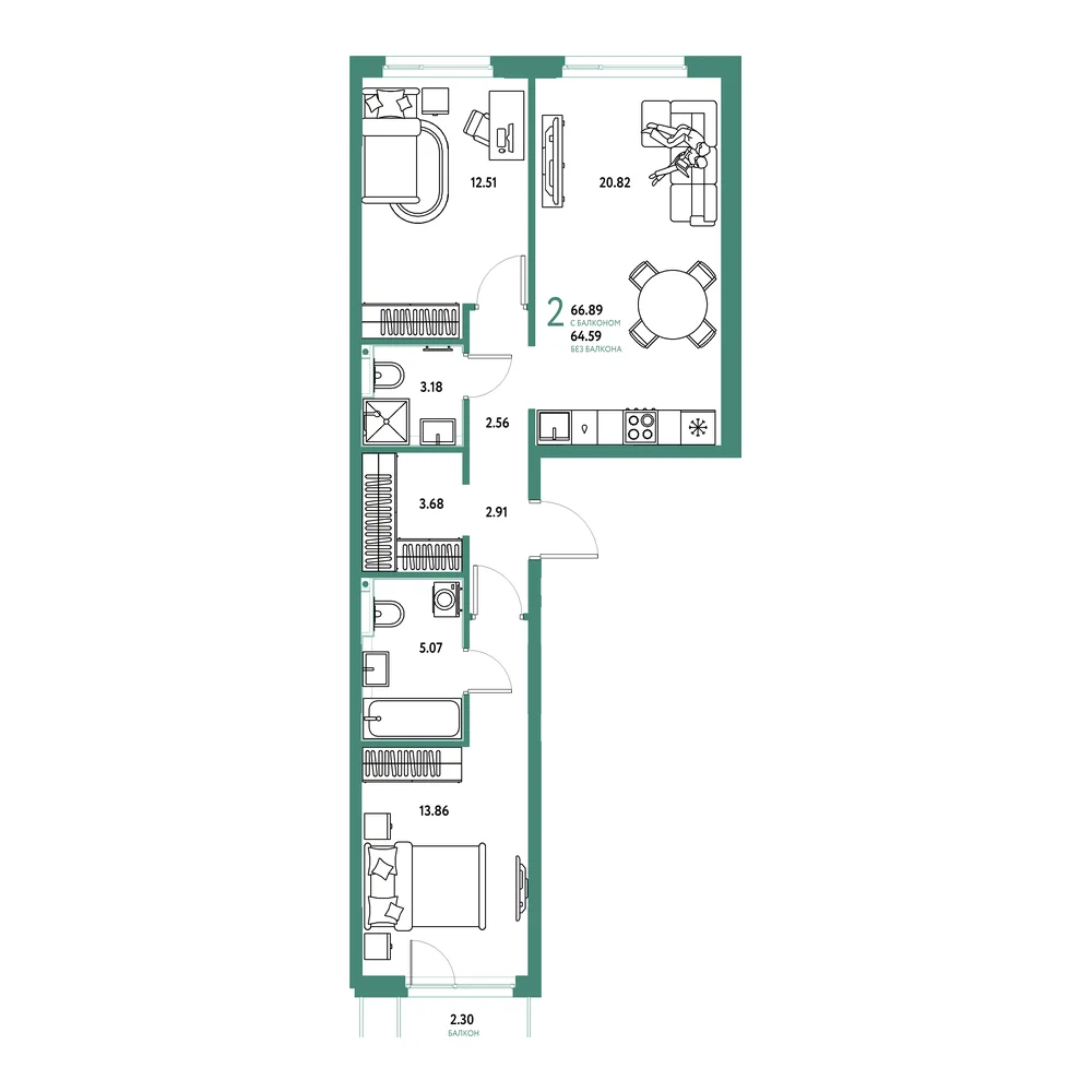 Планировка: Сердце Сибири 2-комнатная 66,89м²