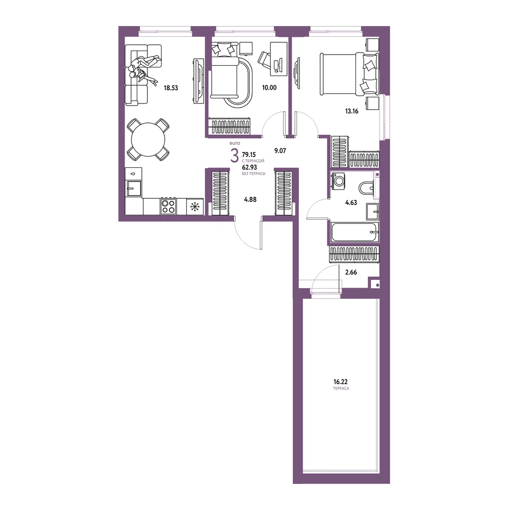 Планировка: Сердце Сибири 3-комнатная 79,15м²