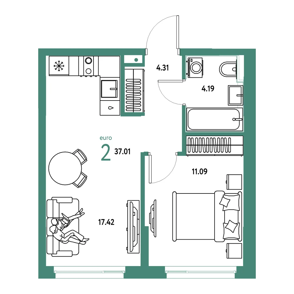 Планировка: Сердце Сибири 2-комнатная 37,01м²