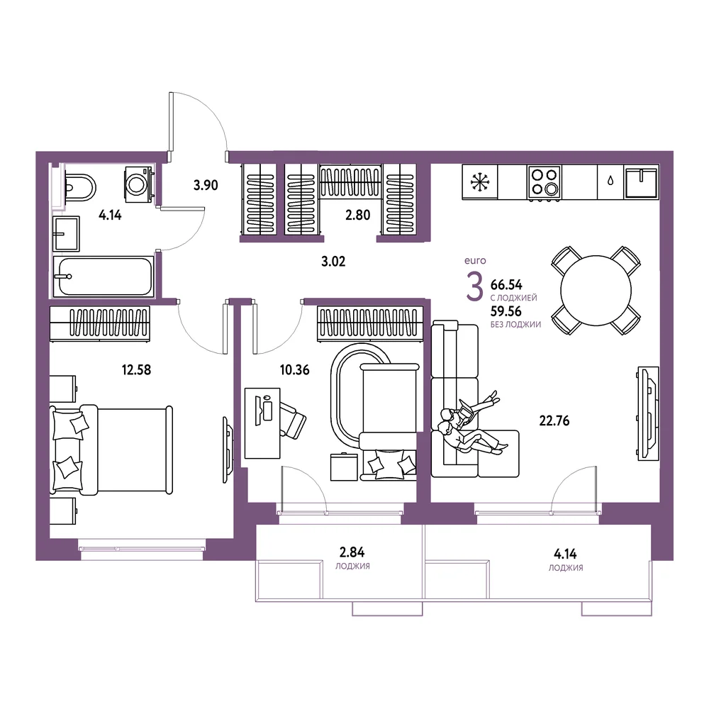 Планировка: Сердце Сибири 3-комнатная 66,54м²