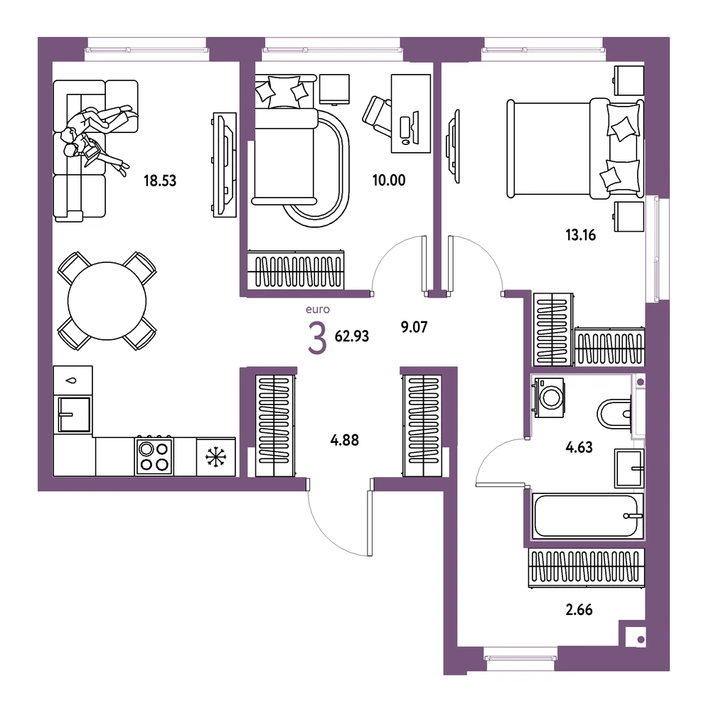 Планировка: Сердце Сибири 3-комнатная 62,93м²