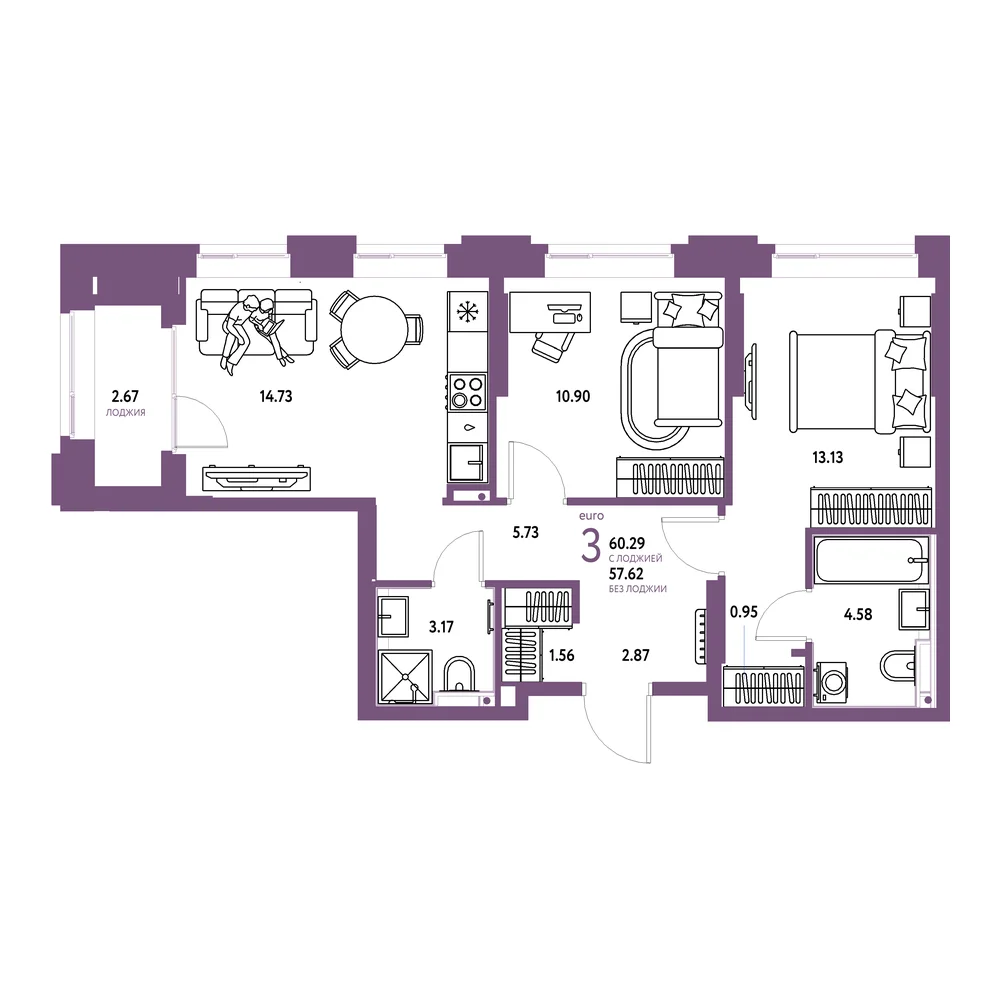 Планировка: Сердце Сибири 3-комнатная 60,29м²
