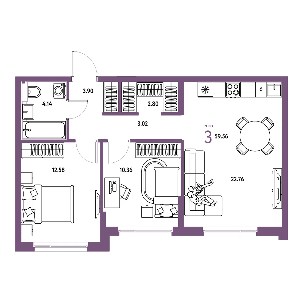 Планировка: Сердце Сибири 3-комнатная 59,56м²
