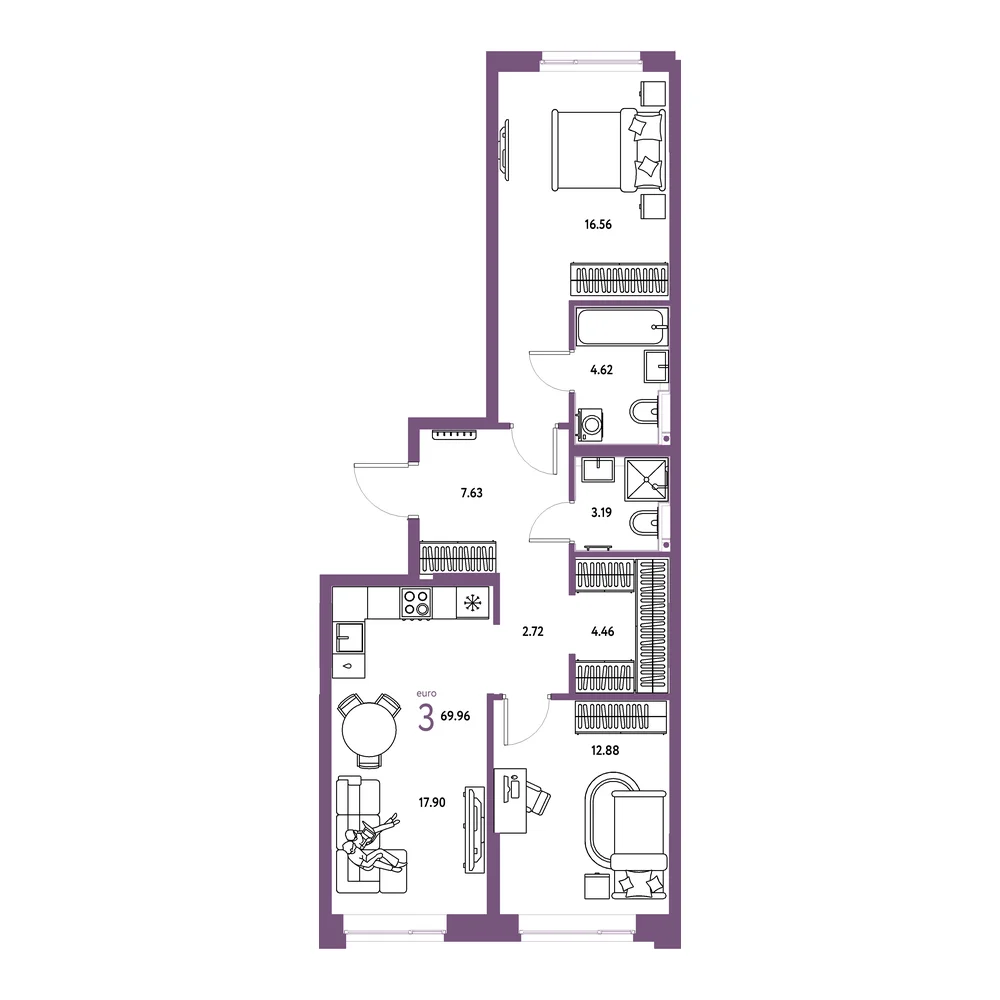 Планировка: Сердце Сибири 3-комнатная 69,96м²