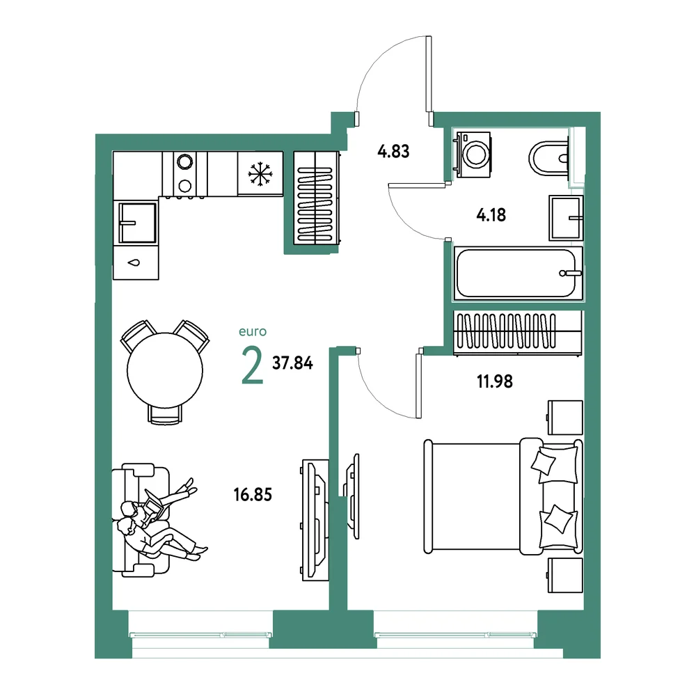 Планировка: Сердце Сибири 2-комнатная 37,84м²