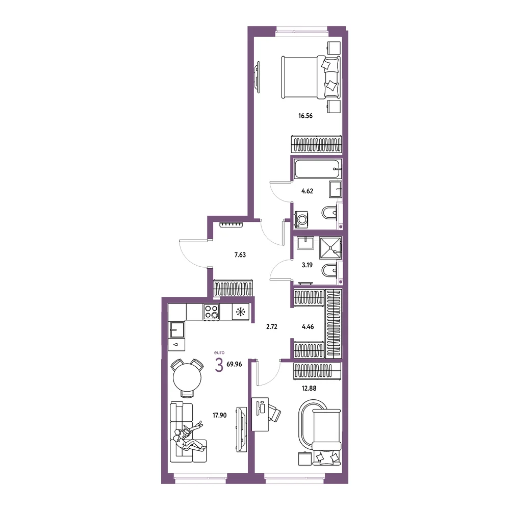 Планировка: Сердце Сибири 3-комнатная 69,96м²