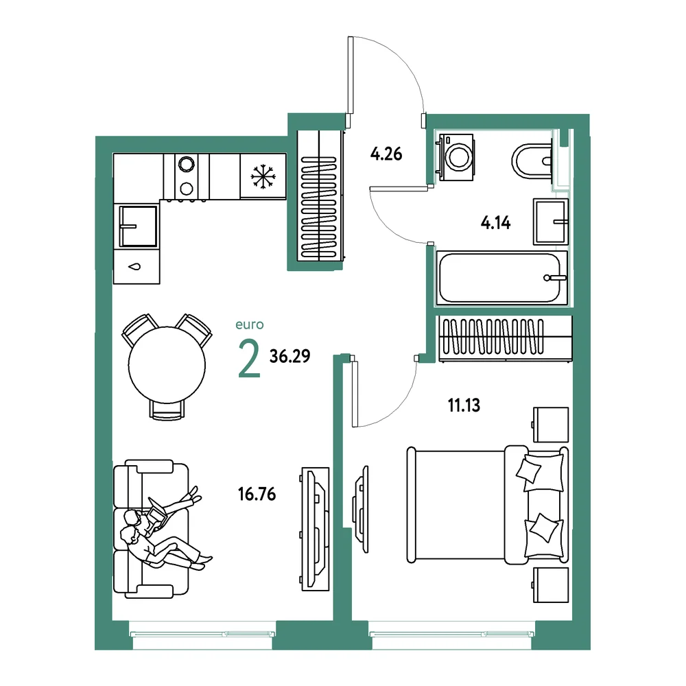 Планировка: Сердце Сибири 2-комнатная 36,29м²