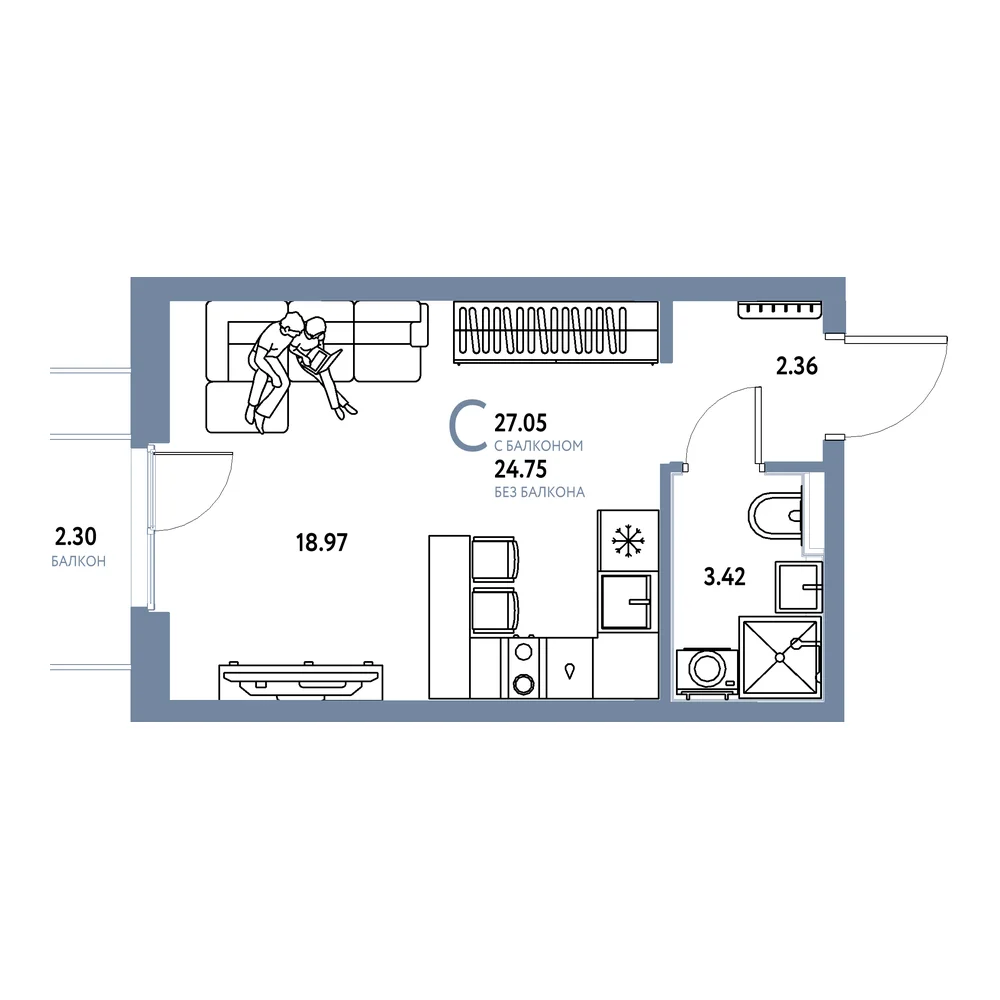Планировка: Сердце Сибири Студия 27,05м²