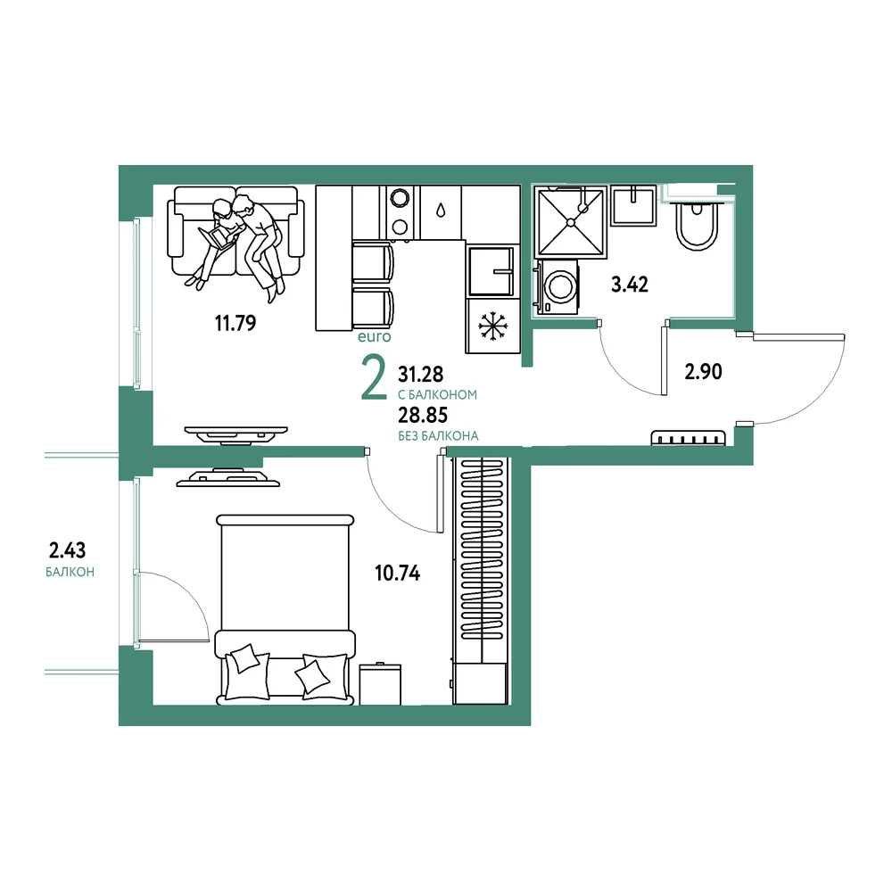 Планировка: Сердце Сибири 2-комнатная 31,28м²