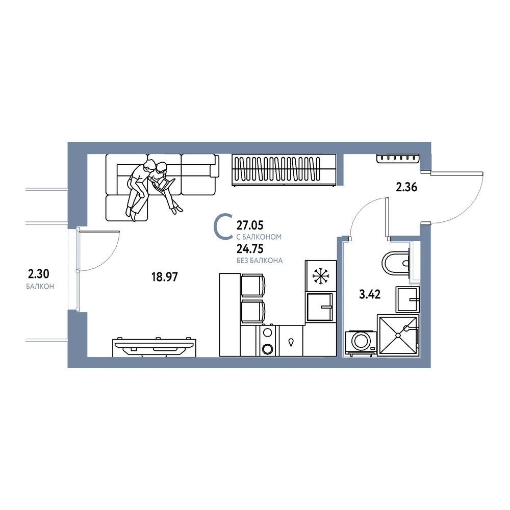 Планировка: Сердце Сибири Студия 27,05м²