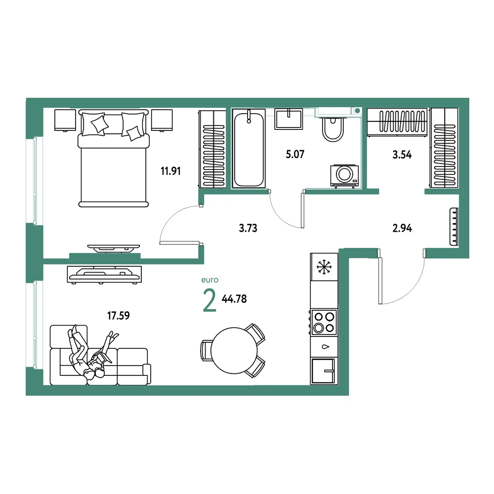 Планировка: Сердце Сибири 2-комнатная 44,78м²