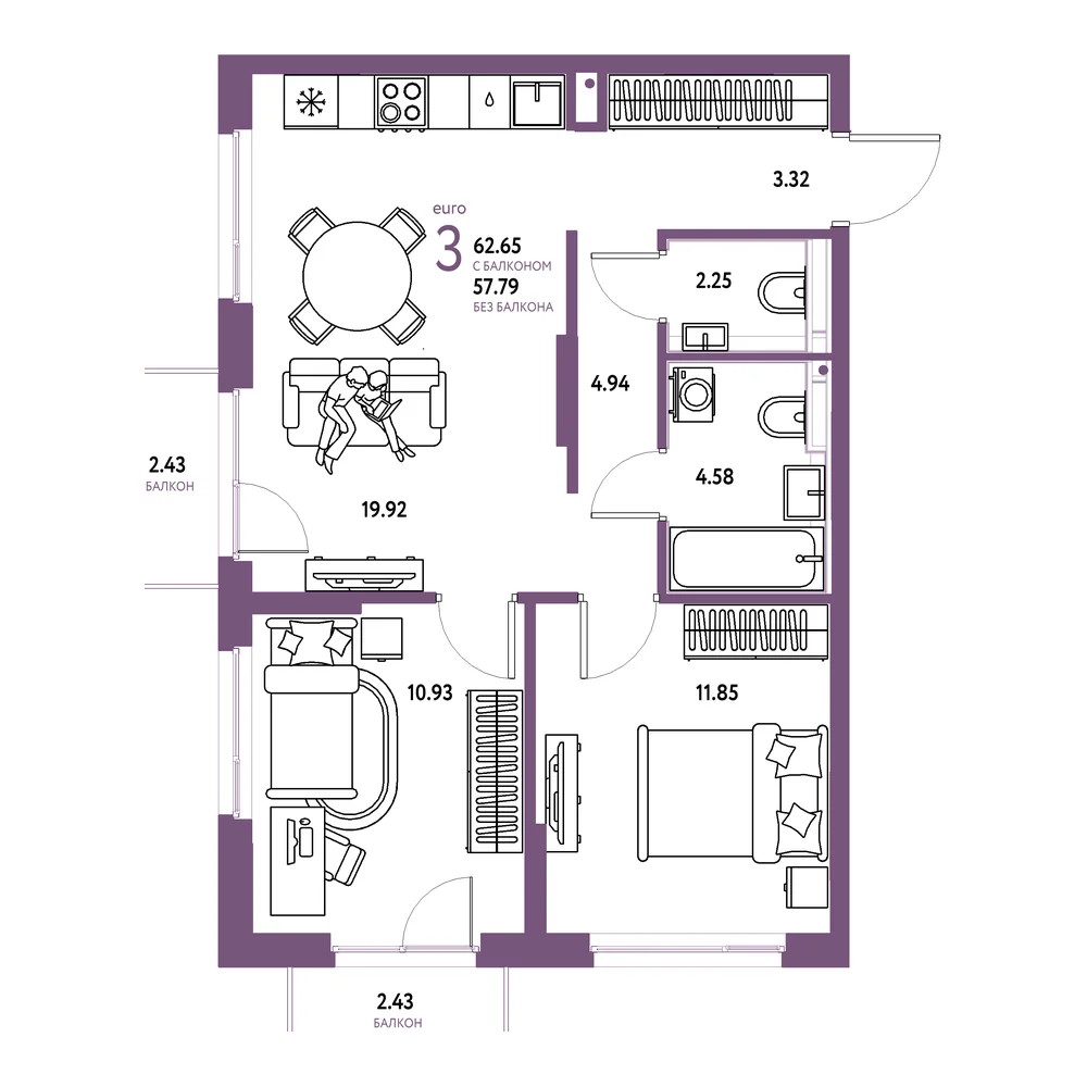 Планировка: Сердце Сибири 3-комнатная 62,65м²