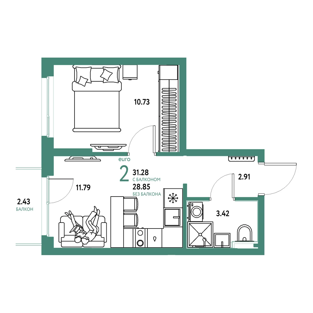 Планировка: Сердце Сибири 2-комнатная 31,28м²
