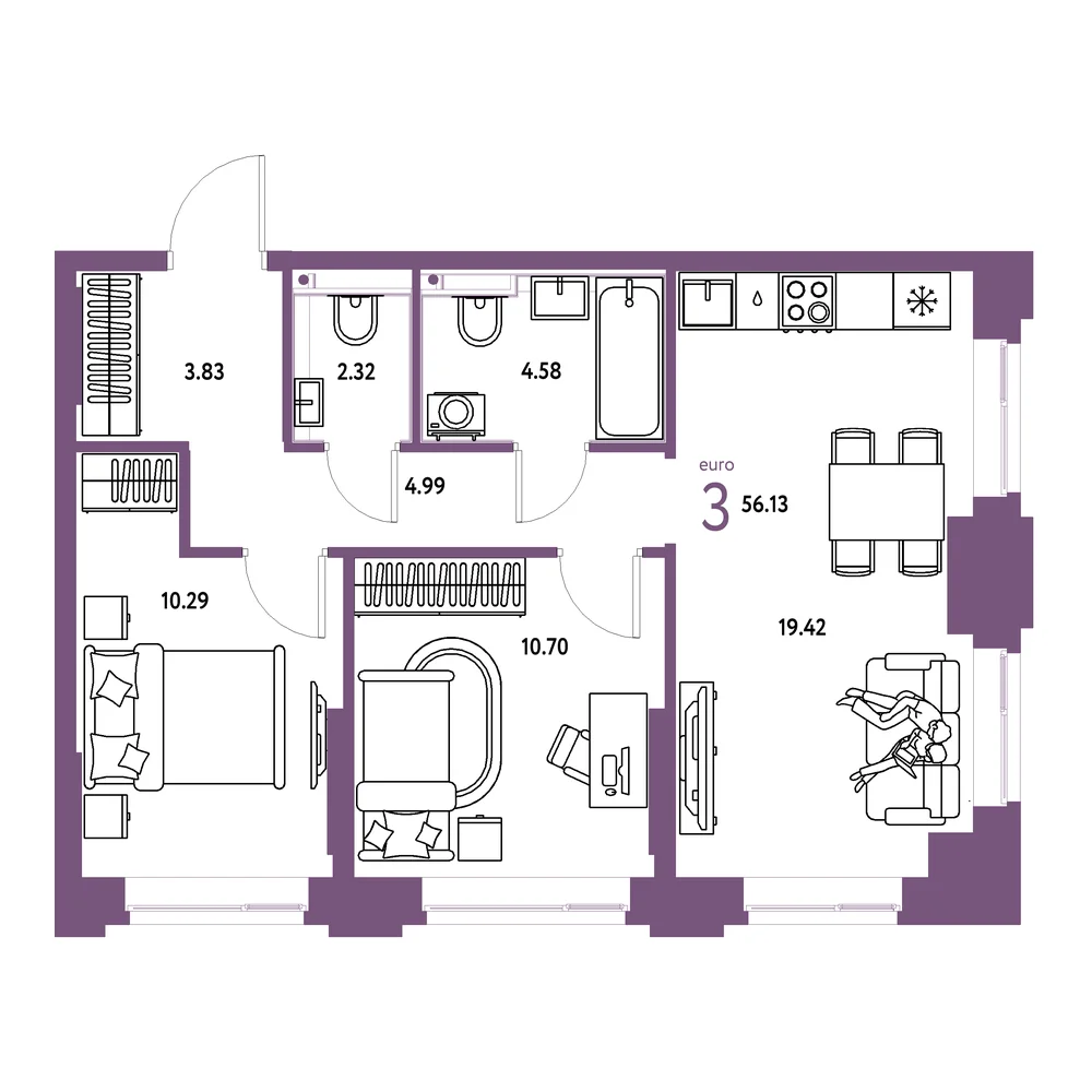 Планировка: Сердце Сибири 3-комнатная 56,13м²