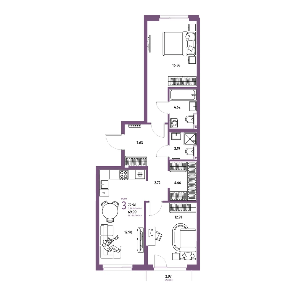 Планировка: Сердце Сибири 3-комнатная 72,96м²
