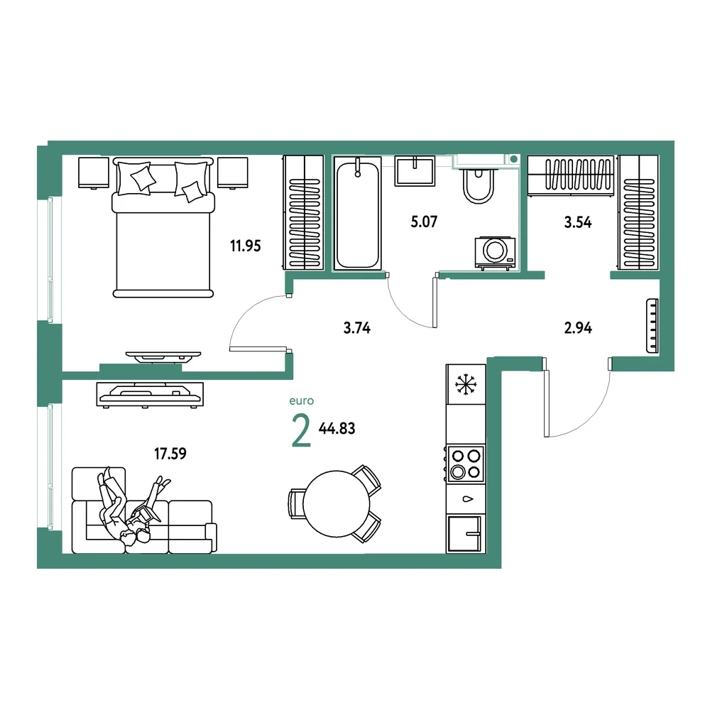 Планировка: Сердце Сибири 2-комнатная 44,83м²