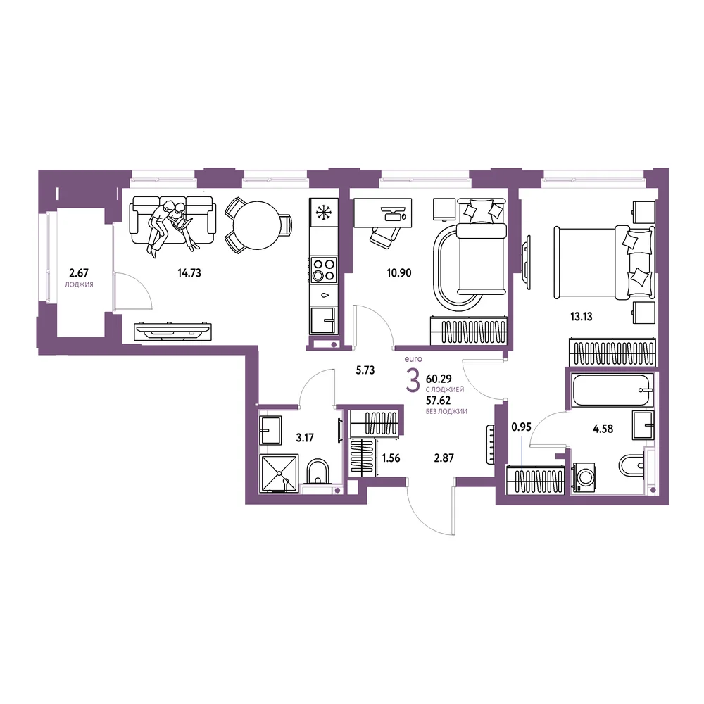 Планировка: Сердце Сибири 3-комнатная 60,29м²